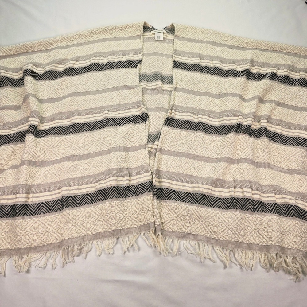 Francescas Woven Geometric Stripe Fringe Poncho Wrap Cream Grey Black One Size